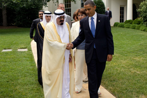 President Barack Obama walks with King Abdullah of Saudi Arabia, and members of the Saudi delegation, prior to the King's departure from the White House, June 29, 2010. Photo: White House.