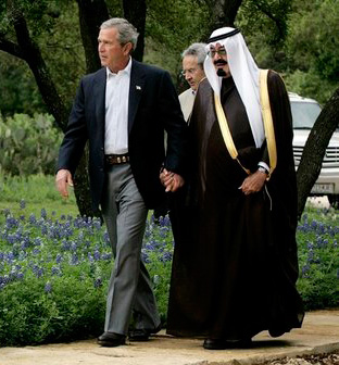 President George W. Bush and Saudi Arabia's Crown Prince Abdullah meeting at Bush's ranch in Crawford, Texas, April 25, 2005.