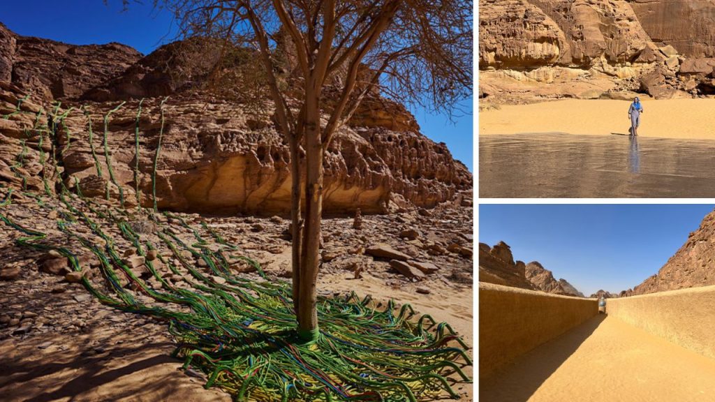three outdoor art installations in a desert scape