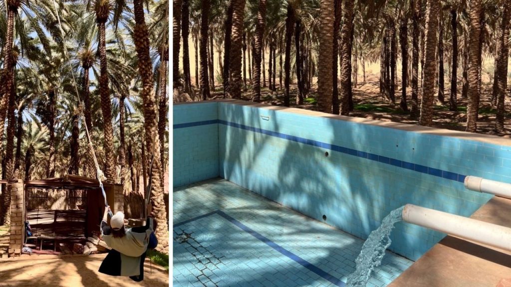 collage image of a woman sitting in a swing among palm trees on one side with an empty blue pool being filled with water from a white pipe on the other side