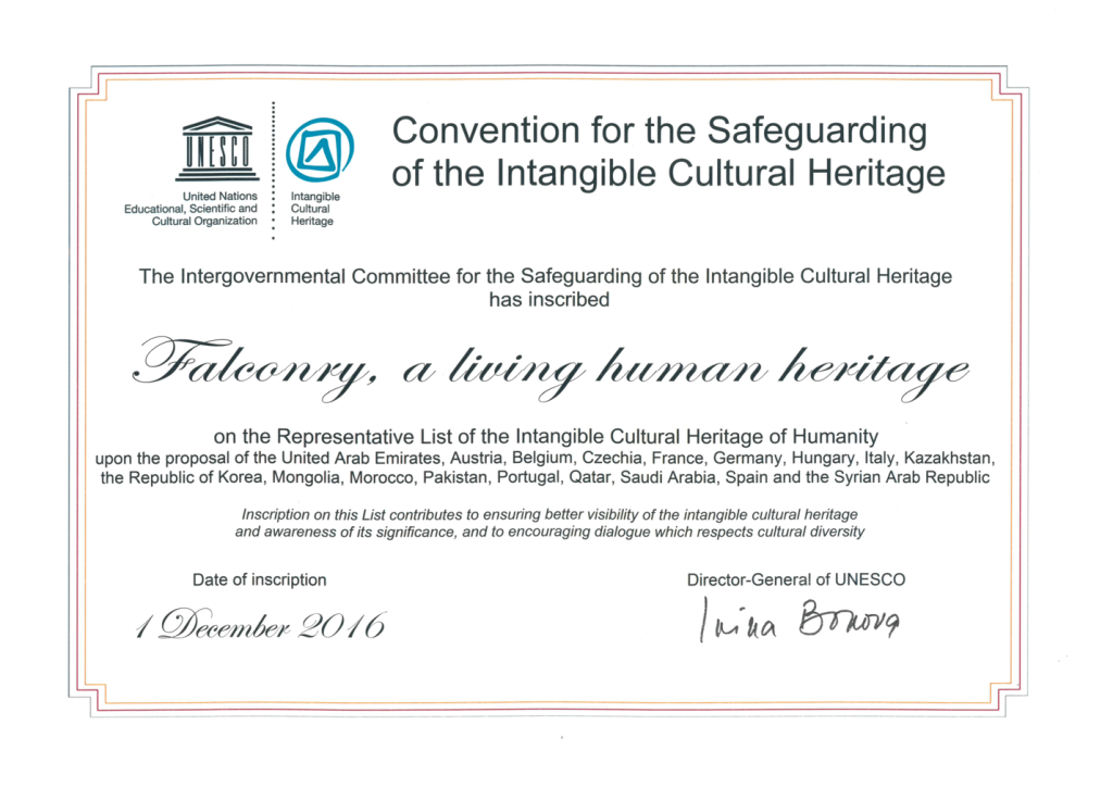 copy of a UNESCO heritage certificate about falconry