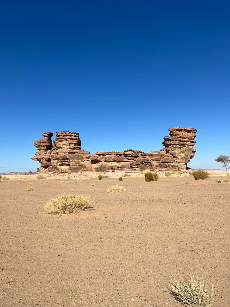 a large, weathered rock standing alone in a desert shaped roughly like a ship