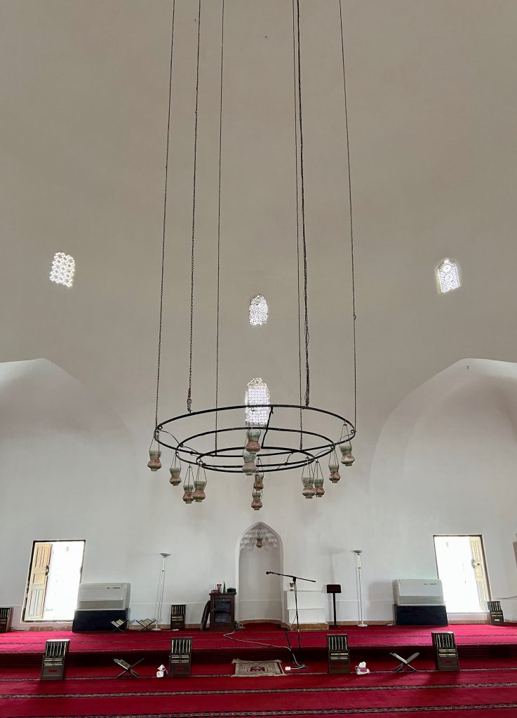 a modest chandelier hangs above red carpet with lines for prayer rows inside a white walled mosque