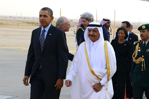 Prince Khaled bin Bandar greets President Barack Obama upon his arrival in Riyadh in March 2014.