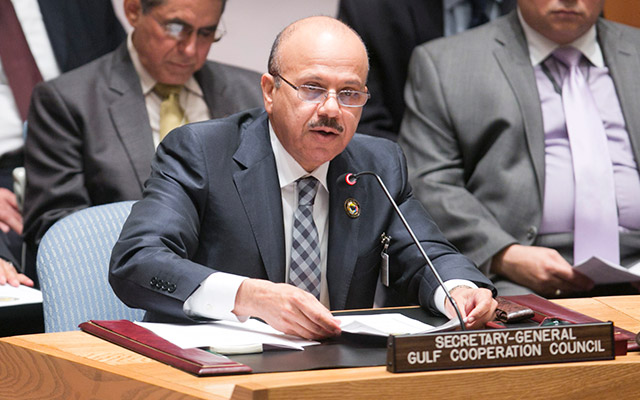 H.E. Dr. Abdul Latif bin Rashid Al Zayani addresses the United Nations Security Council on the situation concerning Yemen. Photo: United Nations.