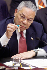 In February 2003, U.S. Secretary of State Colin Powell briefed the United Nations Security Council about Iraq's alleged WMDs, in one instance displaying a vial of "deadly material" to illustrate his points.