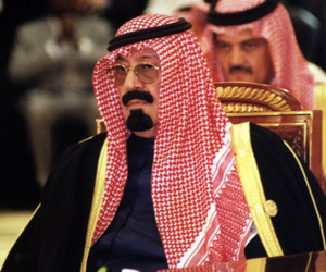 HRH Abdullah bin Abdulaziz Al Sa'ud, Custodian of the Two Holy Mosques and King of Saudi Arabia. Seated behind him is HRH Saud bin Faisal Al Sa'ud, the kingdom's long-serving Minister of Foreign Affairs.