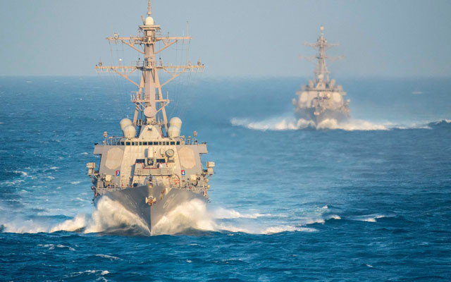 Guided missile destroyers deployed in the U.S. Fifth Fleet area of operations. Based in Manama, Bahrain, the Fifth Fleet protects passage through the Hormuz Strait, one of the world's most strategically vital waterways. Photo: U.S. Navy.