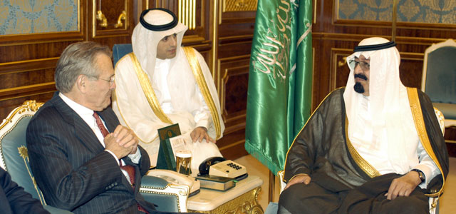 Then-Secretary of Defense Donald H. Rumsfeld meets with Saudi Arabia's then-Crown Prince Abdullah bin Abdulaziz Al Sa'ud in Riyadh, Saudi Arabia, in April 2003. Photo: U.S. Department of Defense.