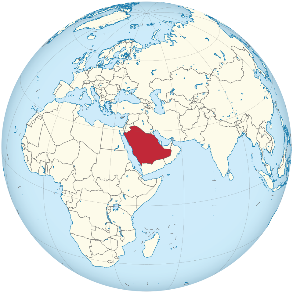 Location of the Kingdom of Saudi Arabia on a globe