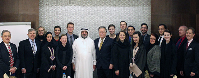 A National Council Model Arab League delegation meets with Gulf Research Center (GRC) Founder and Chairman Dr. Abdulaziz Sager in Jeddah, Saudi Arabia. In 2015, the Council signed a Memorandum of Understanding with the GRC to collaborate on programs, publications, and activities analyzing the Gulf Cooperation Council (GCC), the GCC's six member countries, Arabia and the Gulf as a whole, and U.S. relations with the region. Photo: National Council on U.S.-Arab Relations.