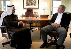  Crown Prince Abdullah meets with President George W. Bush in Crawford, TX, in April 2005. Photo: White House. 