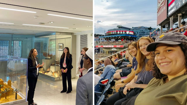 A museum curator explains exhibits behind glass cases on one side and women sit in the stands at a ballpark on the other side.