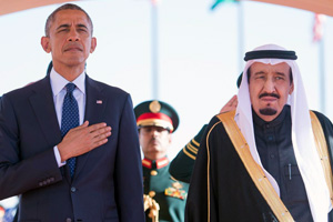 Custodian of the Two Holy Mosques King Salman bin Abdulaziz Al Sa'ud and President Barack Obama during the president's January 27, 2015, visit to Saudi Arabia.