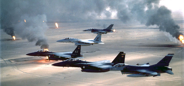 U.S. planes fly over burning oil wells in Kuwait in 1991. Photo: U.S. Air Force.