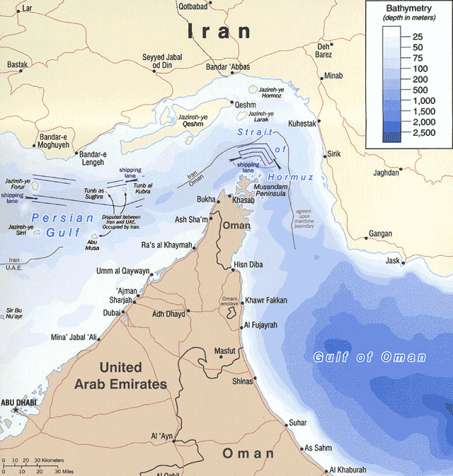 The Strait of Hormuz, only 21 miles wide at its narrowest point, is the conduit for approximately 40 percent of the world's oil tanker traffic. Map courtesy of the University of Texas Libraries, The University of Texas at Austin.