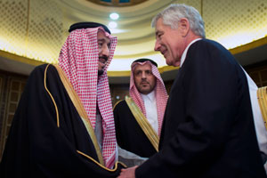 U.S. Secretary of Defense Chuck Hagel, right, greets Saudi Arabian Minister of Defense Crown Prince Salman bin Abdulaziz Al Saud in Riyadh, Saudi Arabia, on Dec. 9, 2013. Photo: U.S. Department of Defense. 