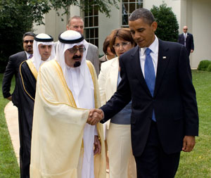 President Barack Obama walks with King Abdullah of Saudi Arabia and members of the Saudi Arabian delegation during the King's visit to the White House on June 29, 2010. Photo: White House.